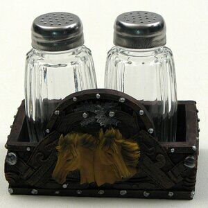 Horse Metal Resin base with Glass Salt and Pepper Shakers with Lid 13054